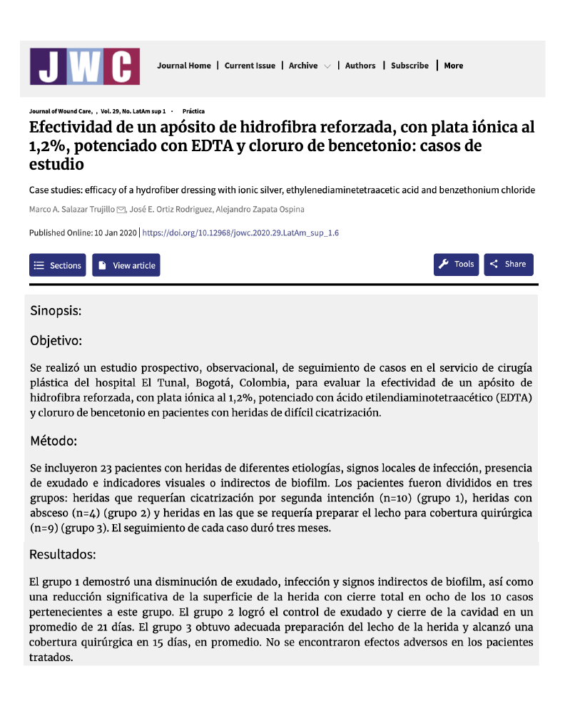 Efectividad de un apósito de hidrofibra reforzada, con plata iónica al 1,2%, potenciado con EDTA y cloruro de bencetonio